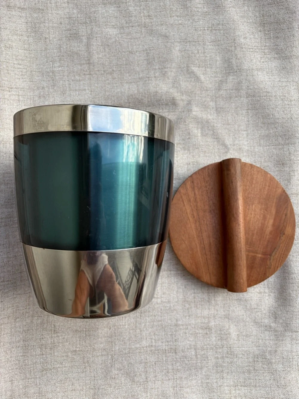 Mid Century Modern Ice Bucket Teal Stainless Steel Wood Lid Barware